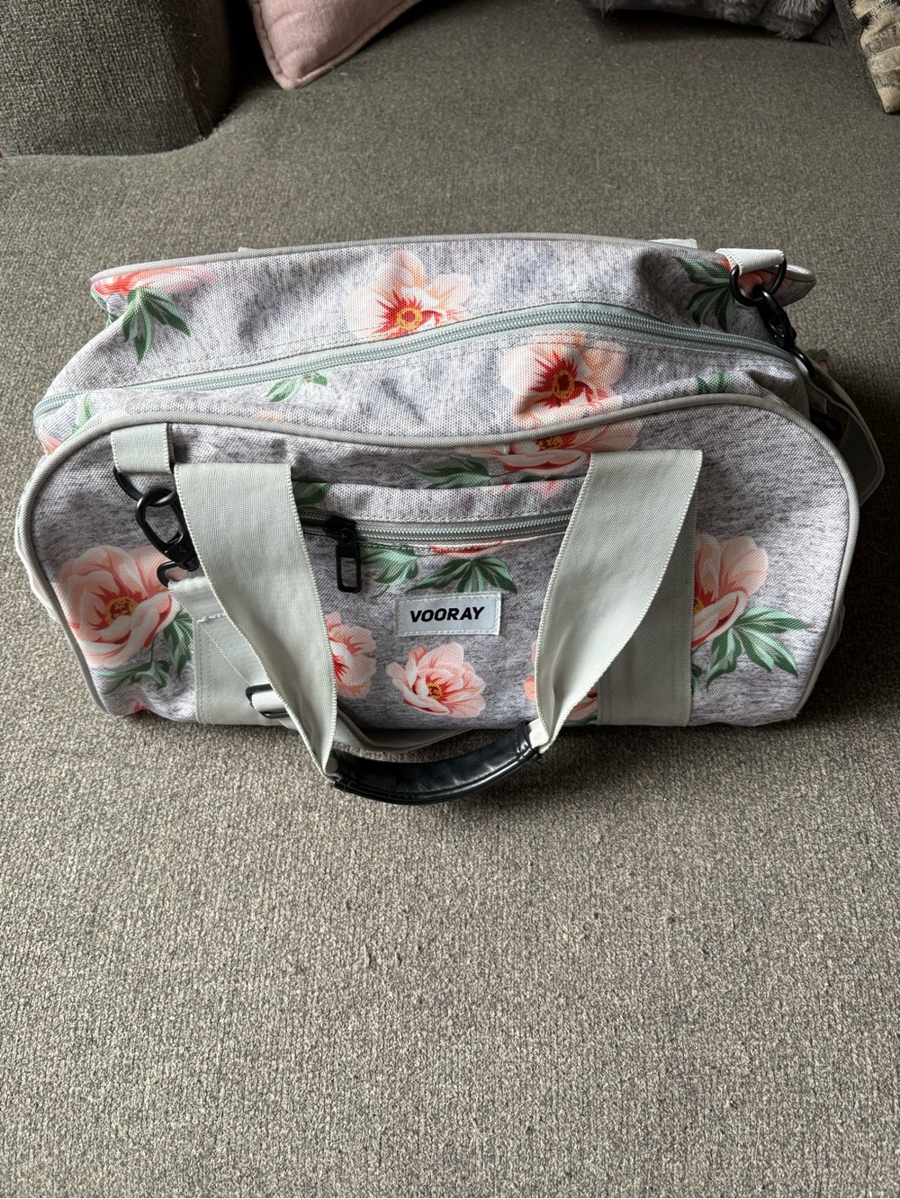 Vooray Floral Light Grey Travel Duffel Bag with shoe compartment